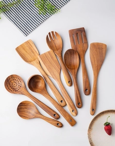 9-piece set of teak and acacia wood cooking utensils with ergonomic long handles