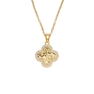 Collier élégant avec pendentif trèfle à quatre feuilles en acier titane doré et zircons