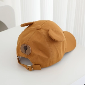 Kids baseball cap with bear ears in camel cotton, back view showing metal adjustment buckle