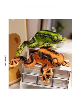 Detailed view of green and orange plush frog dolls with realistic patterns on soft fabric