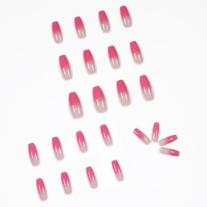Long coffin press-on nails with berry pink gradient ombre finish and glossy top coat