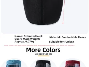 Detail view of polar fleece face mask with goggles in blue, black, and dark red colors
