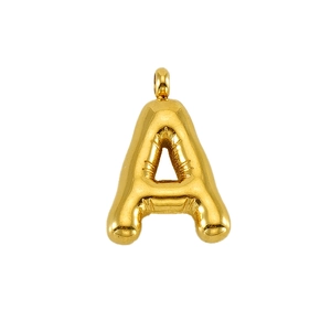 Puffy 3D bubble letter A pendant necklace in polished gold stainless steel finish