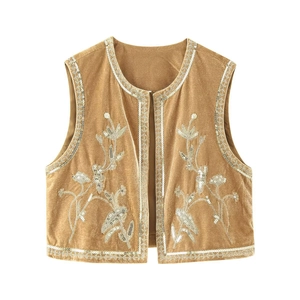 Camel velvet vest with floral embroidery and silver sequins in a minimalist layout