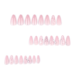 Pink cat-eye press-on nails in almond shape with butterfly wings and pearl accents