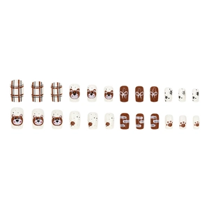 Cute brown cartoon bear and bow press-on nails with checkered patterns, 24 piece set