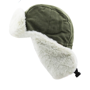 Deep olive winter trapper hat with thick white faux fur lining and earflaps