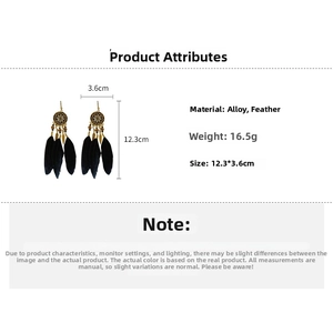Detail view showing alloy mandala pattern and black feather tassels dimensions of the earring
