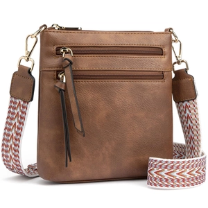 Borsa a tracolla marrone multi-zip in similpelle con tracolla larga in tessuto colorato