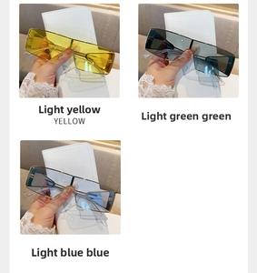 Dettagli di occhiali da sole Y2K rettangolari senza montatura in giallo, verde e blu