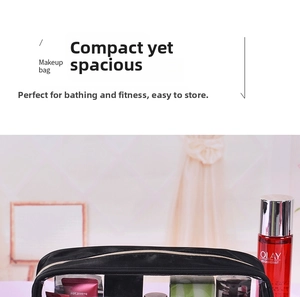 Clear PVC makeup bag with black fabric trim showing toiletries inside for travel