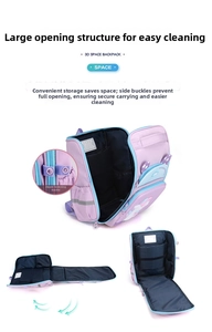 Detail of 180-degree open design lavender school backpack with 3D space and internal pockets