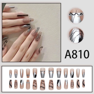 Long trapezoid press-on nails set with nude and silver chrome street style art