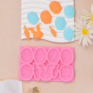 Pink silicone Easter mold with egg, bunny, and carrot shapes for fondant and chocolate