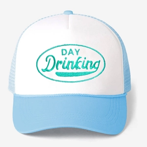 Blue and white trucker hat with green Day Drinking embroidery and breathable mesh back