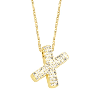 Macro view of gold-tone letter X pendant with micro-paved crystals and delicate chain