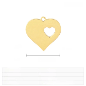 Macro shot of 15mm gold-plated heart-shaped hollow pendant with size and weight details