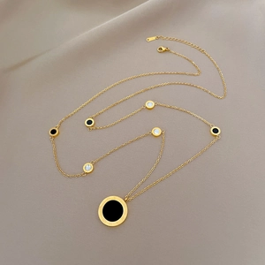 Long Sweater Necklace Titanium Steel Roman Numerals Double Sided Shell Black Resin Circular Pendant Gold Plated