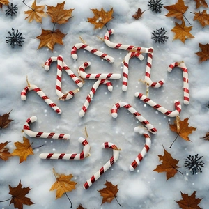 Detail of red and white Christmas candy cane ornaments with gold strings on snow background