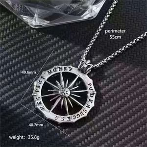 Hip hop skull compass necklace with Money Power Respect engraving in silver finish