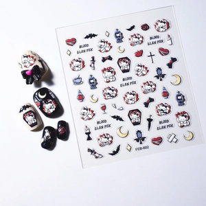 Detail of Gothic Blood Clan Fox nail decals with coffin, rose, and cross patterns