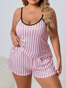 Detail of pink and white striped camisole top with black contrast trim and loose shorts