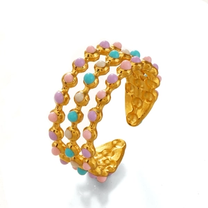 Three-layer gold wave open ring with colorful enamel beads in pink, blue, and purple