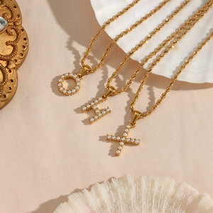 18K gold plated twist chain necklace with pearl alphabet and geometric pendants