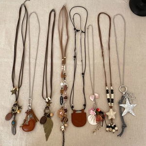 Vintage Bohemian Ethnic Long Necklace Alloy Wood Leather Beads Feather Starfish Star Leaf Pendant Retro For Women