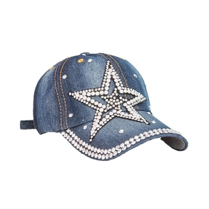 Navy blue star rhinestone baseball cap with Y2K denim style and wide brim for sun protection