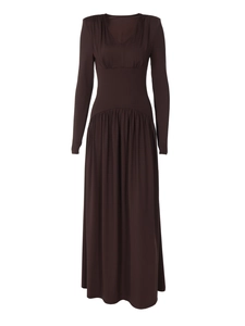 Elegant deep brown V-neck long sleeve maxi dress with slim waist and pleated design
