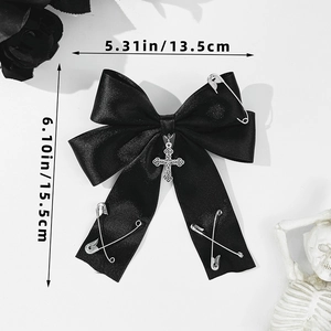 Gothic black satin bow hair clip with silver cross pendant and pins, size 13.5 x 15.5cm