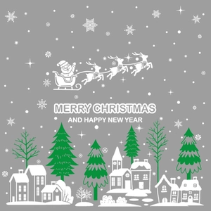 Christmas window decals featuring Santa, reindeer, and snow village illustration stickers