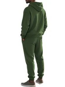 Detail of green men's tracksuit showing jacquard texture on hoodie and joggers