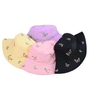 Cotton bucket hat with colorful butterfly embroidery in yellow, purple, pink and black
