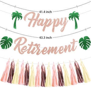 Happy Retirement rose gold glitter banner with tropical leaves and colorful tassels decoration