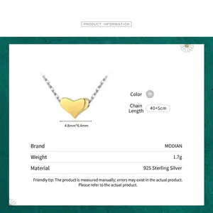 Minimalist S925 sterling silver heart necklace with gold pendant on 40+5cm adjustable chain