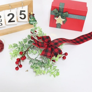 Christmas Wreath Hanging Ornament With Frosted Eucalyptus Red Berries And Buffalo Plaid Bow For Holiday Door Stair Decor