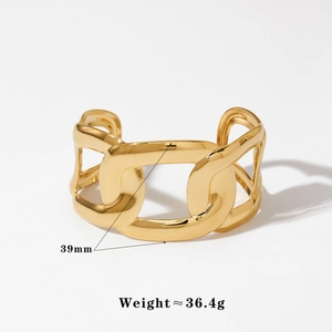 Golden stainless steel wide hollow chain open cuff bracelet with 39mm width and 36.4g weight