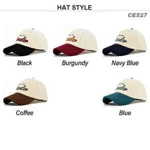 Corduroy baseball caps with WONDER embroidery in five assorted colors on white background