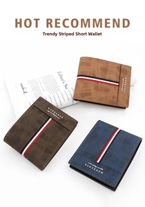 Short tri-fold wallets for men featuring striped ribbon detail in three classic colors