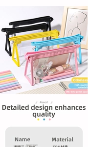 Detailed view of colorful TPU transparent triangle pencil cases in four vibrant colors
