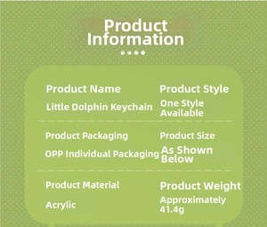 Detailed product specifications card for cute acrylic dolphin keychain showing materials and weight