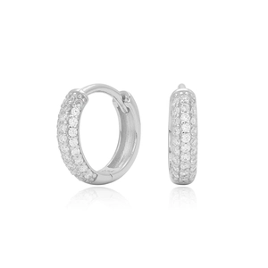 Detail view of S925 sterling silver hoop earrings with pavé set zirconia stones