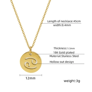 Detail showing dimensions and 18K gold plating specs of the hollow Cancer zodiac necklace
