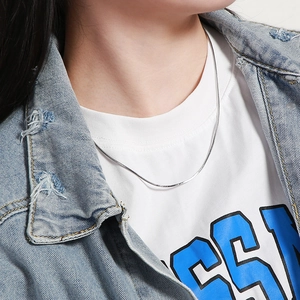 Close-up of a minimalist silver snake bone chain necklace worn by a model on a white tee