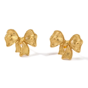 Elegant gold-plated stainless steel bow earrings with a minimalist textured design