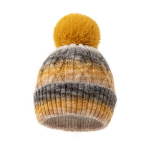 Winter knitted beanie featuring a colorful yellow gradient design with a large faux fur pom-pom
