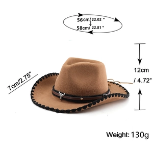 Detailed size chart for the camel wool cowboy hat showing brim, height, and head girth