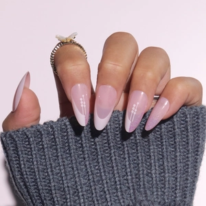 French White Tips Press On Nails Long Almond Nude Pink With Purple Glitter Art False Nails For Women